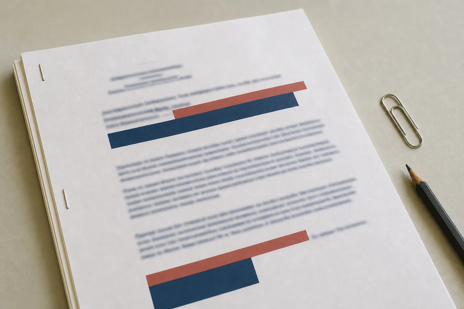 Pages imprimées agrafées posées à plat sur une table claire, texte volontairement illisible, trombone et crayon à côté : le document de synthèse existe comme objet, et son contenu n’appartient qu’à son bénéficiaire.