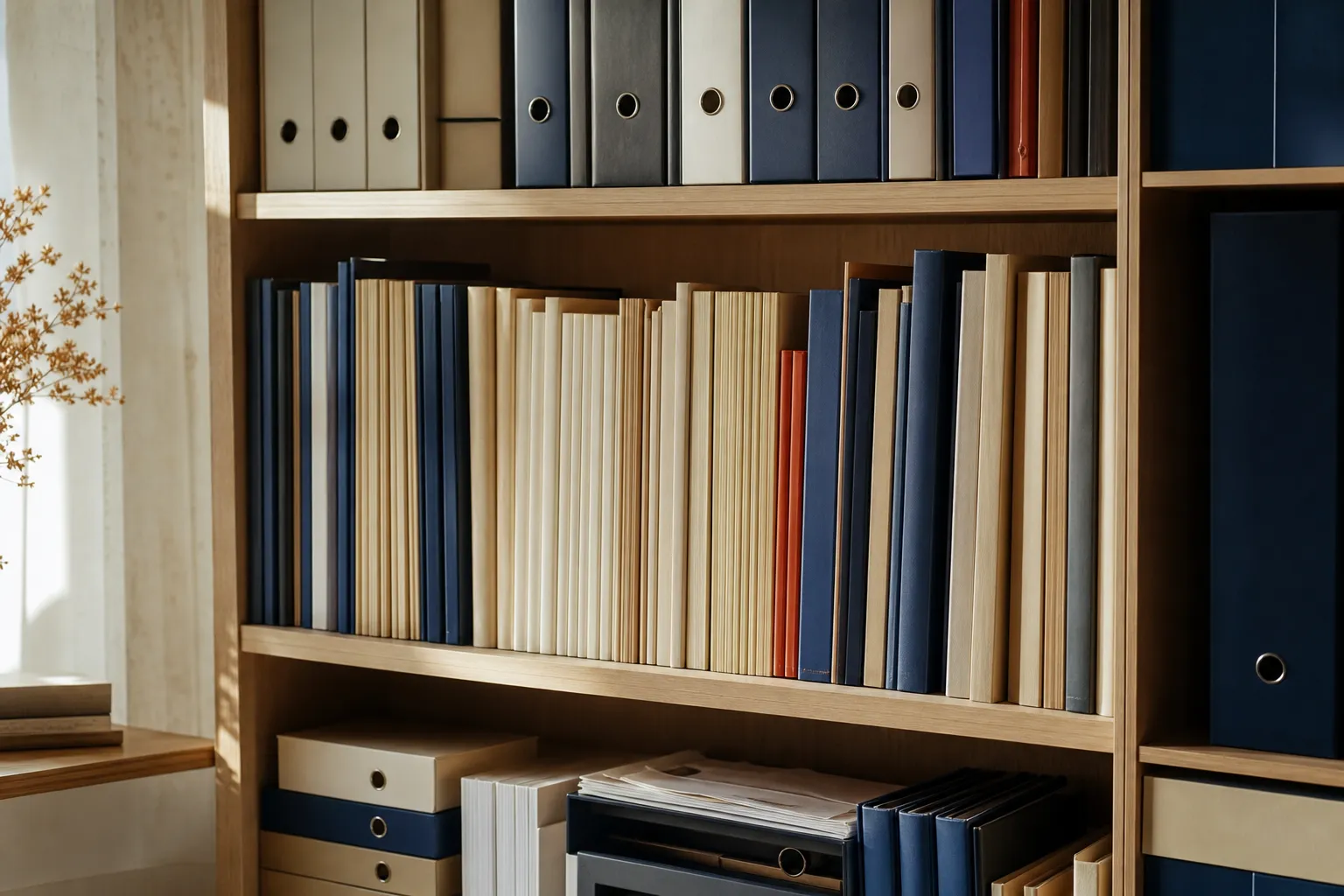 Étagère en bois clair portant classeurs et chemises cartonnées rangés debout, dos sans titre lisible : les règles de financement citées sur cette page renvoient chacune à leur texte officiel.