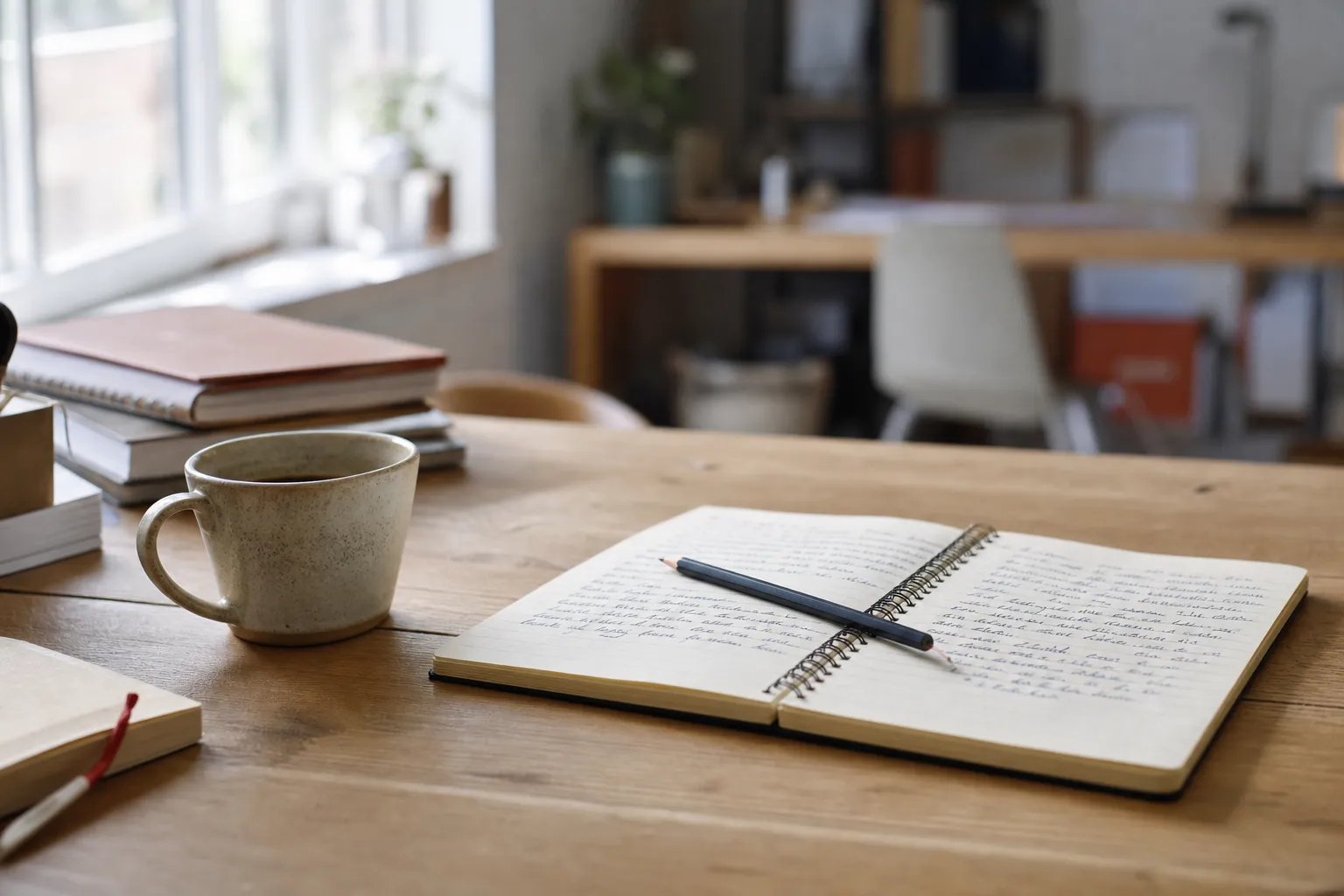 Table de travail en bois clair près d’une fenêtre, carnet à spirale ouvert couvert de notes manuscrites, crayon graphite posé en travers et tasse de café : le bilan de compétences est un travail d’écriture et de réflexion, pas un questionnaire en ligne.