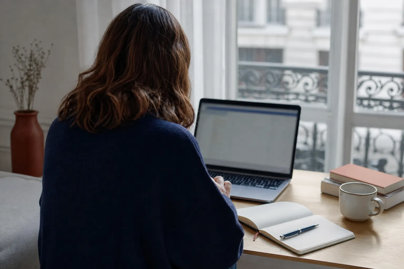 Personne vue de dos devant un ordinateur portable posé près d’une fenêtre, carnet ouvert à côté du clavier : un bilan peut se conduire à distance et hors du temps de travail, sans que l’employeur en soit informé.