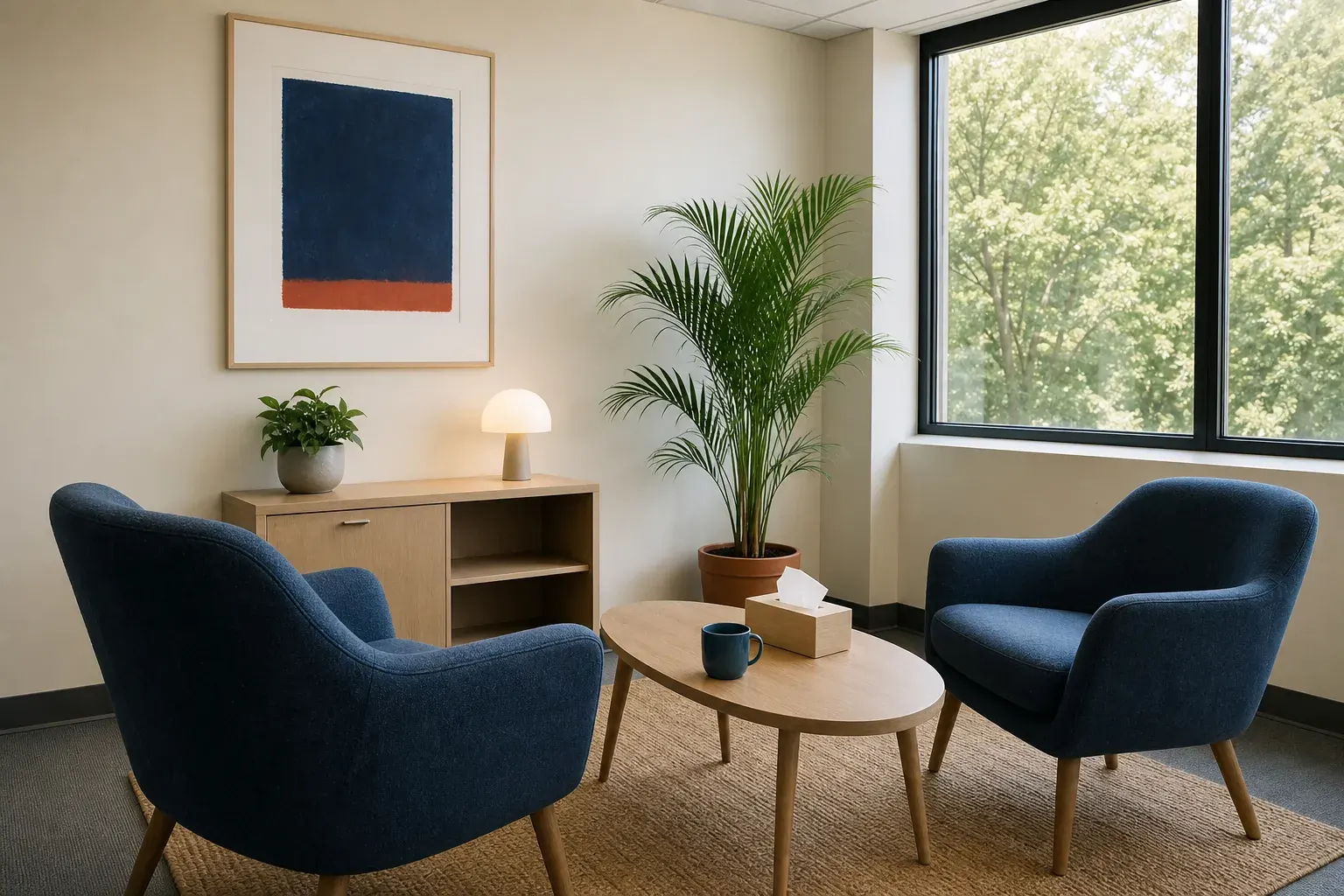 Petite salle d’entretien inoccupée, deux fauteuils se faisant face autour d’une table basse près d’une fenêtre : un cadre de travail sobre, sans enseigne ni plateau commercial.